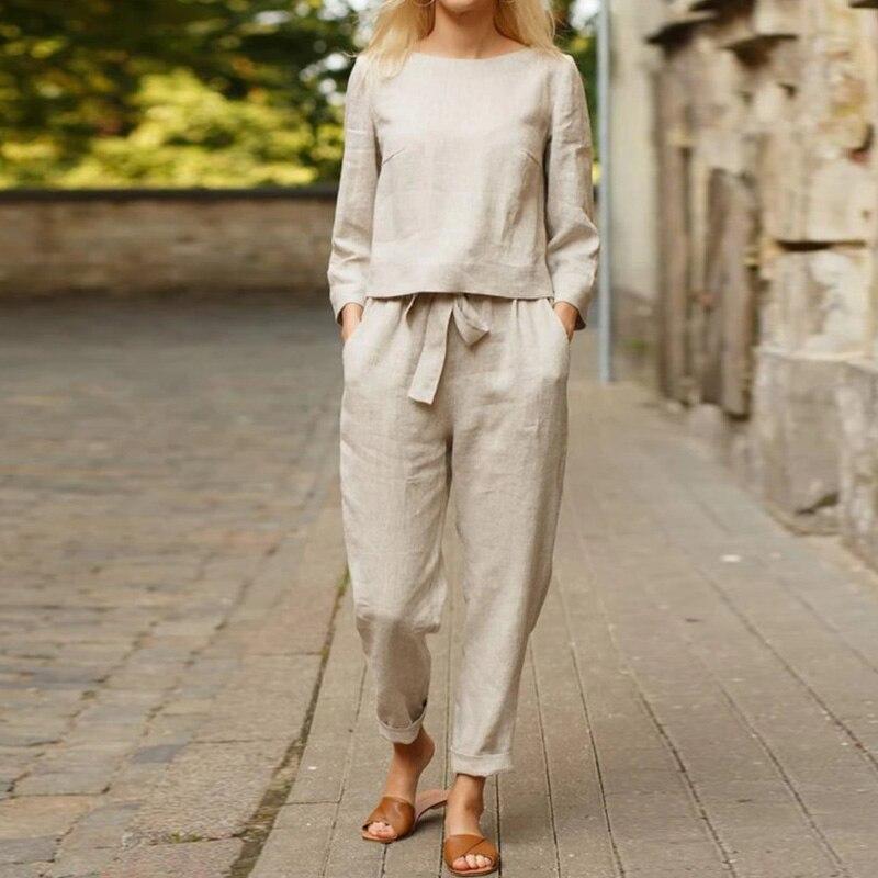 Women's Two-Piece Linen Set - Loose Fit Top & High-Waisted Pleated Pants