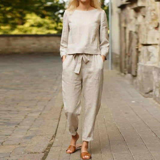 Women's Two-Piece Linen Set - Loose Fit Top & High-Waisted Pleated Pants