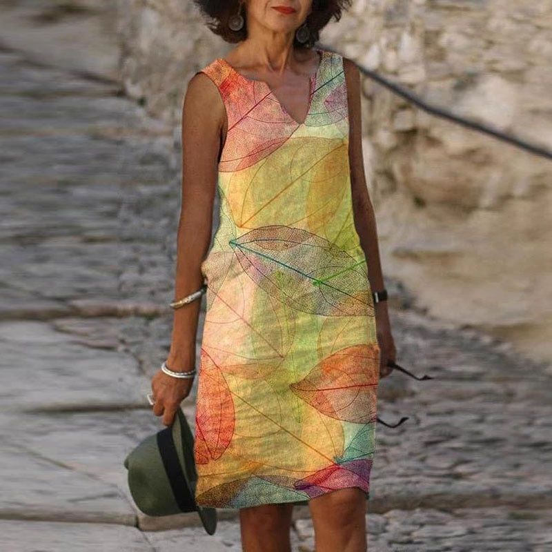 Women's Sleeveless Dress - V-Neck Lightweight Relaxed Fit - Leaf Pattern Casual Wear