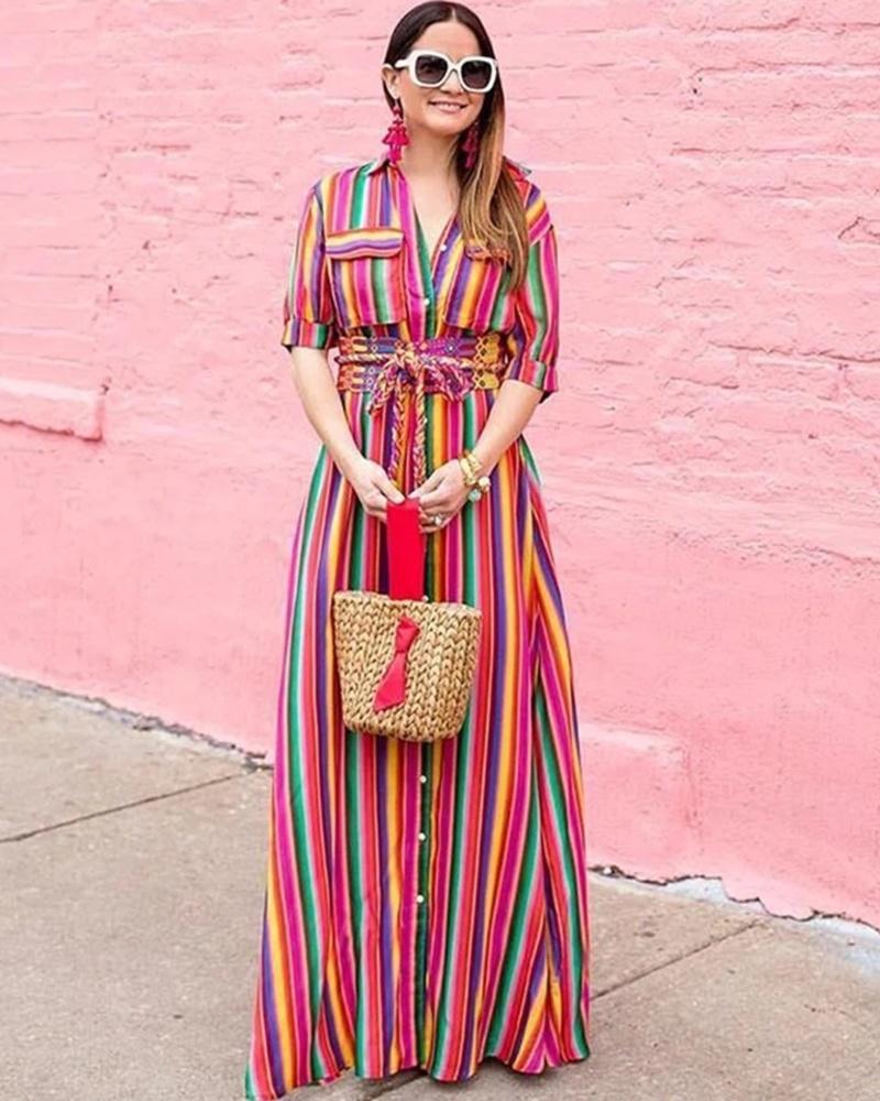 Women's Shirt Dress - Button Down - Short Sleeve - Relaxed Fit - Midi Length