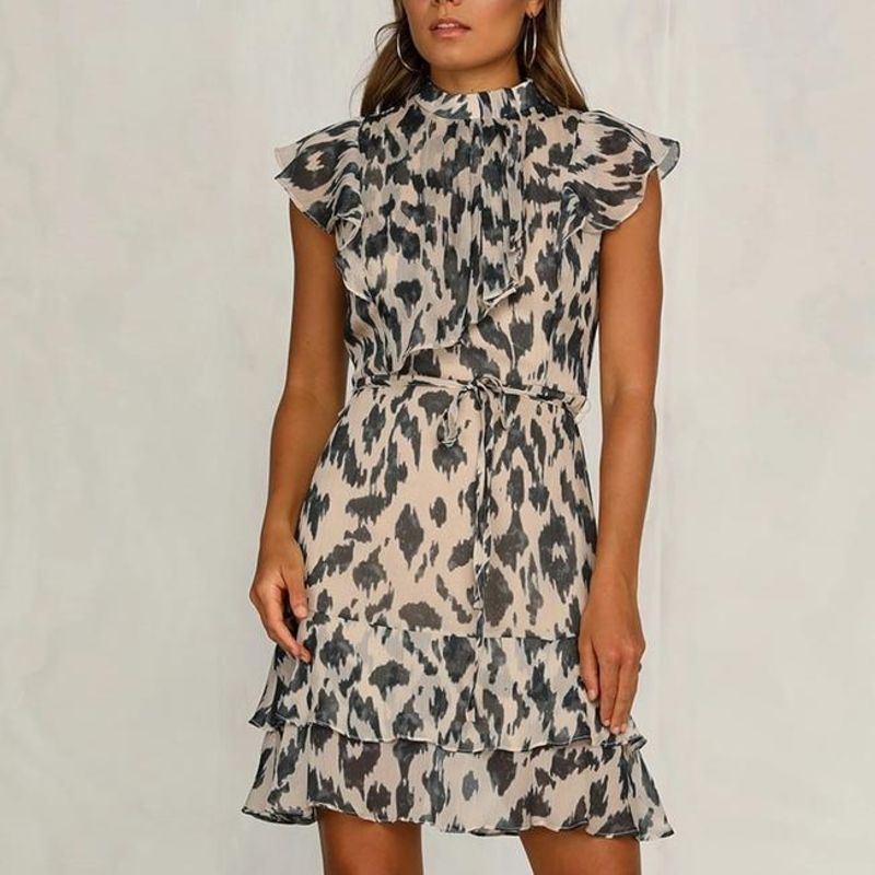 Women's Sleeveless Dress - High Ruffled Neckline - Tiered Hem - Belted Waist Elegant Fit
