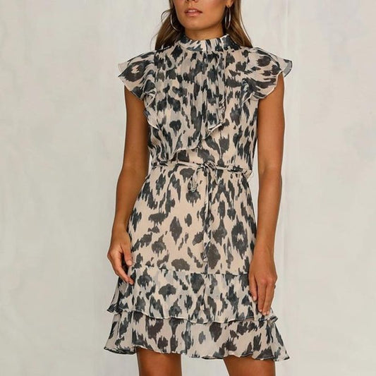Women's Sleeveless Dress - High Ruffled Neckline - Tiered Hem - Belted Waist Elegant Fit