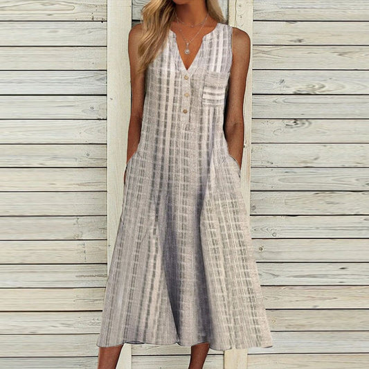 Women's Sleeveless Midi Dress - V-Neck Button Front - Flowy Fit with Pockets