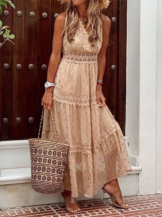 Women's Maxi Dress - Sleeveless Flowy Design - Lace Waist & Hem - Elegant & Lightweight