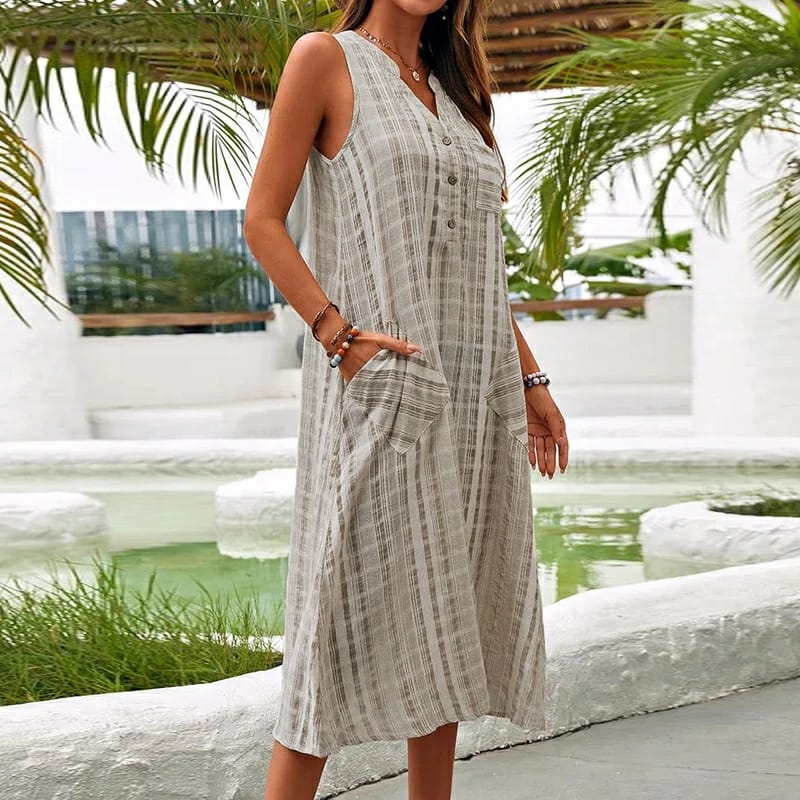 Women's Sleeveless Midi Dress - V-Neck Button Front - Flowy Fit with Pockets