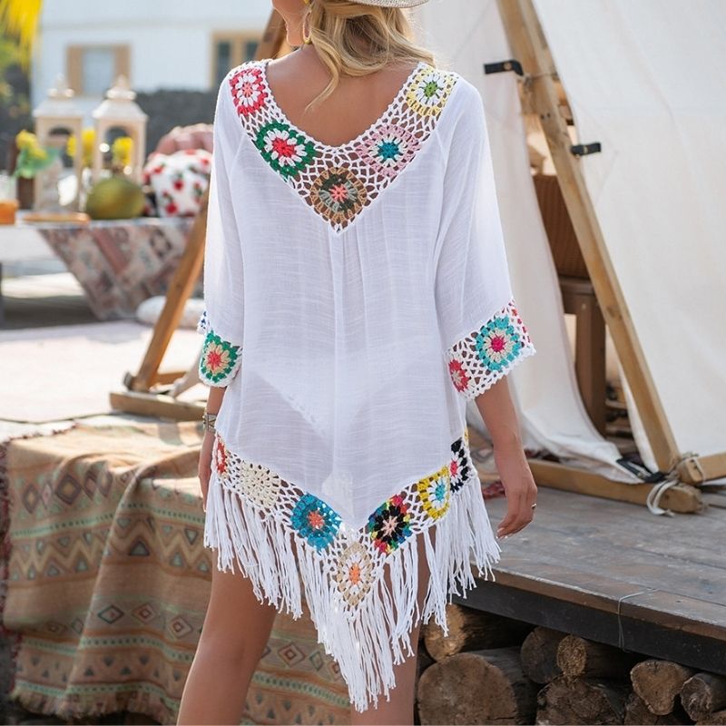 Women's Boho Beach Cover-Up - Lightweight Crochet Tunic - V-Neck, 3/4 Sleeve, Fringe Hem