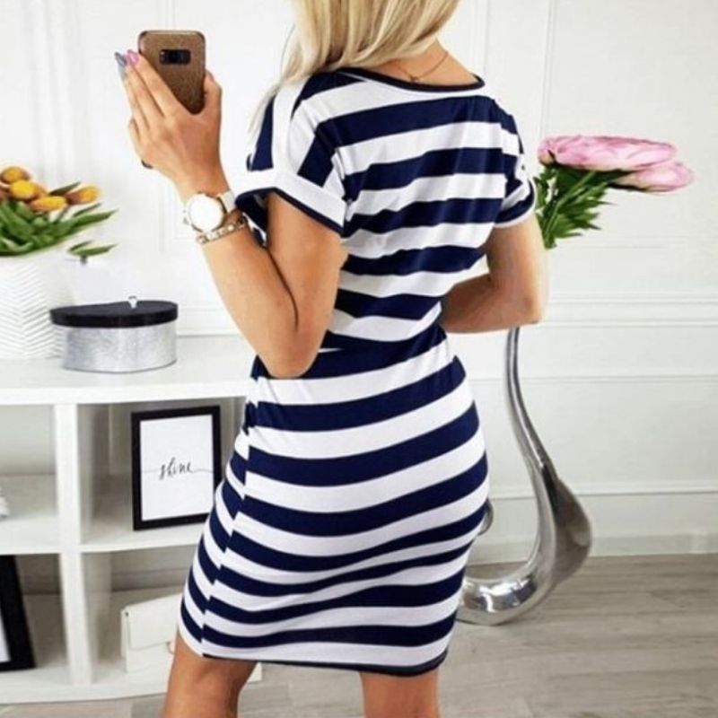 Women's Striped Dress - Short Sleeve - Knee-Length with Waist Tie - Casual Fit