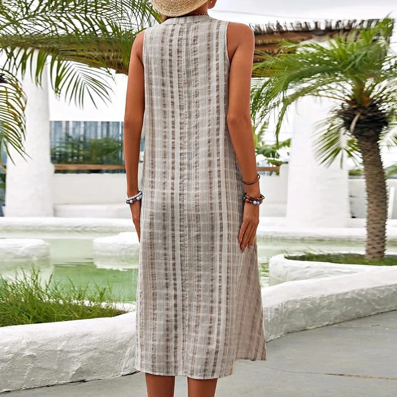 Women's Sleeveless Midi Dress - V-Neck Button Front - Flowy Fit with Pockets