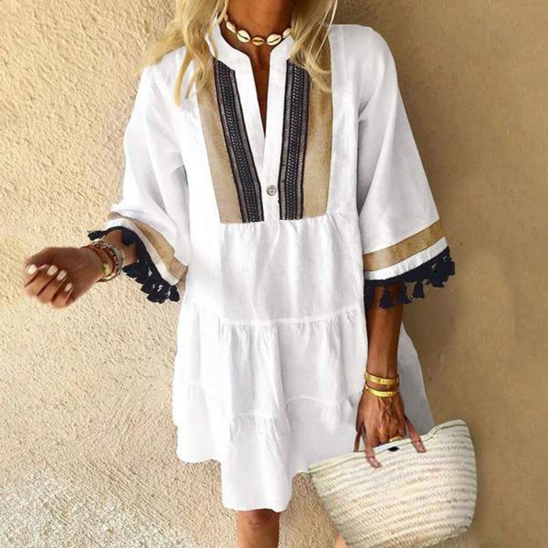 Women's Tunic Dress - Loose Fit - Split V-Neck - 3/4 Sleeve Boho Style