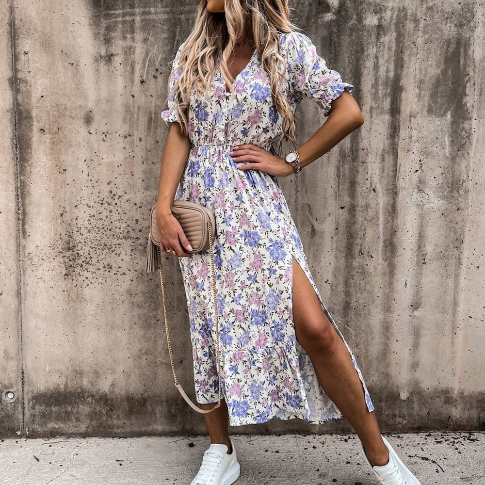 Women's Midi Wrap Dress - Floral Print - Short Sleeve - V-Neck, Waist-Tie Elegant Fit