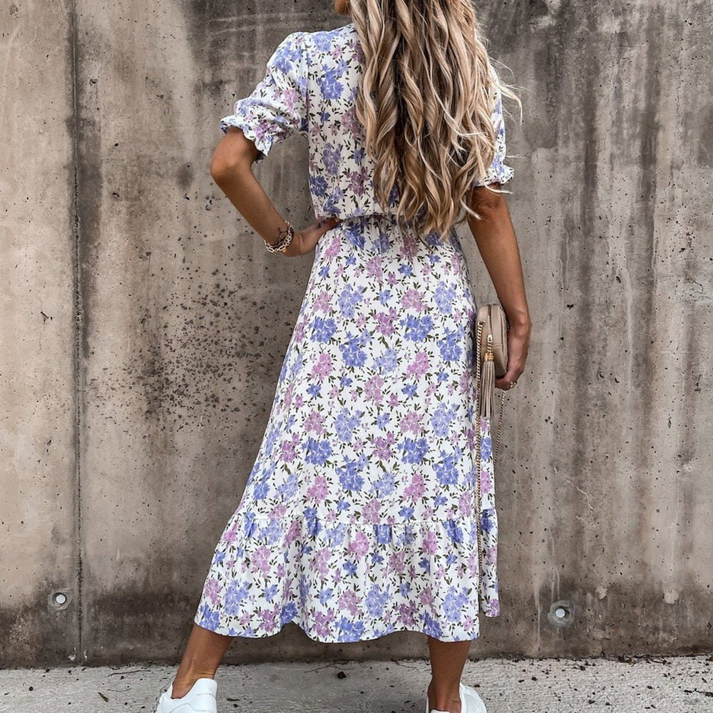 Women's Midi Wrap Dress - Floral Print - Short Sleeve - V-Neck, Waist-Tie Elegant Fit