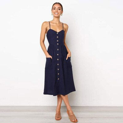Women's Sundress - Button-Down Midi - Spaghetti Straps - A-Line with Pockets