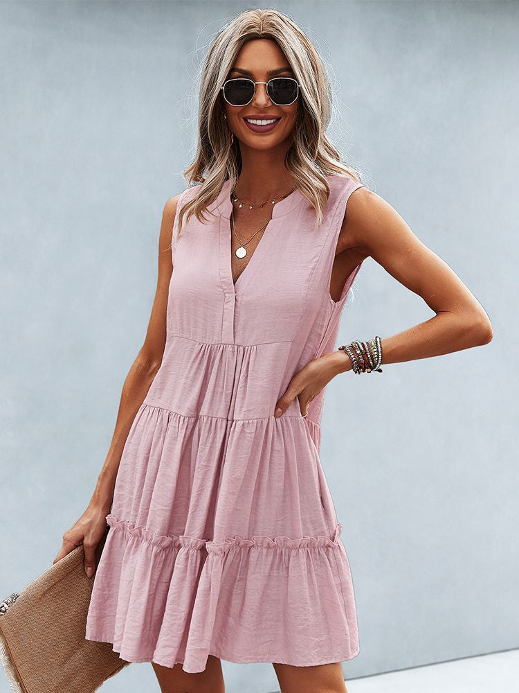 Women's Tiered Dress - Sleeveless V-Neck - Flowing Lightweight Casual Wear