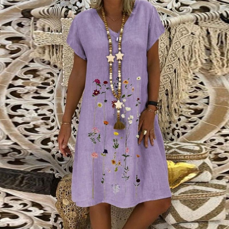 Women's Casual Dress - Loose Fit V-Neck - Short Sleeve Lightweight Embroidered Style