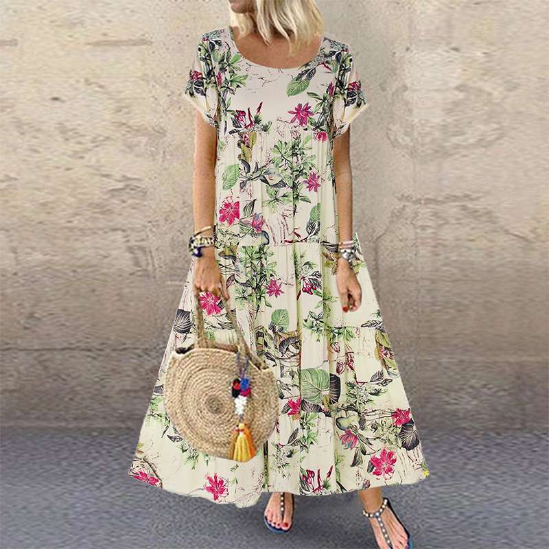 Women's Maxi Dress - Floral Print - Short Sleeve - Round Neck - A-Line Flowy Fit