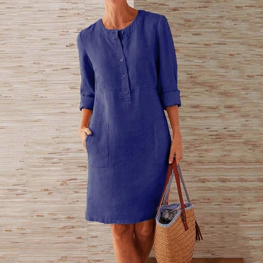 Women's Casual Dress - Relaxed Fit - Long Sleeve - Button Front with Pockets - Linen