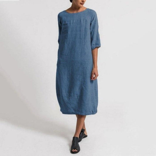 Women's Midi Dress - Linen Blend - 3/4 Sleeve Loose Fit - Breathable Casual Wear