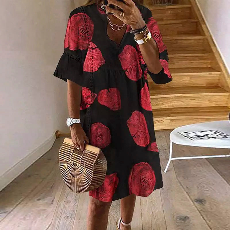 Women's V-Neck Dress - Loose Fit - Elbow Sleeve - Abstract Pattern - Lace Detail