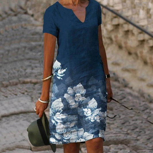 Women's Dress - Knee-Length Notched Neck - Short Sleeve Elegant Floral Pattern