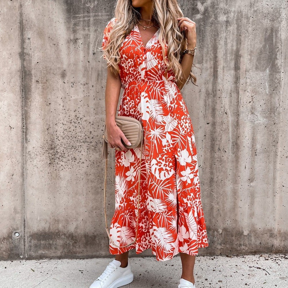 Women's Midi Wrap Dress - Floral Print - Short Sleeve - V-Neck, Waist-Tie Elegant Fit