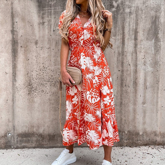 Women's Midi Wrap Dress - Floral Print - Short Sleeve - V-Neck, Waist-Tie Elegant Fit