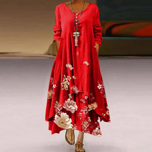 Women's Maxi Dress - Floral Print - Long Sleeve - Flowy A-Line Elegant Fit