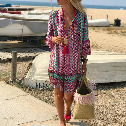 Women's Beach Cover-Up Tunic Dress - V-Neck - Loose Fit - Lightweight & Breezy