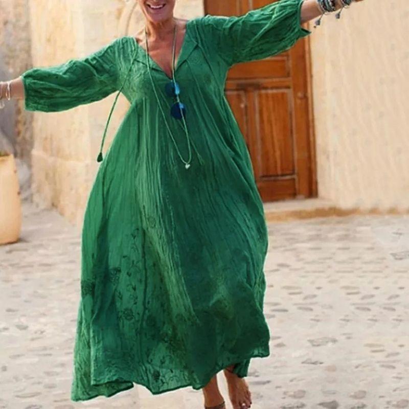 Women's Maxi Dress - Loose Flowing Fit - V-Neck Long Sleeve Boho Style