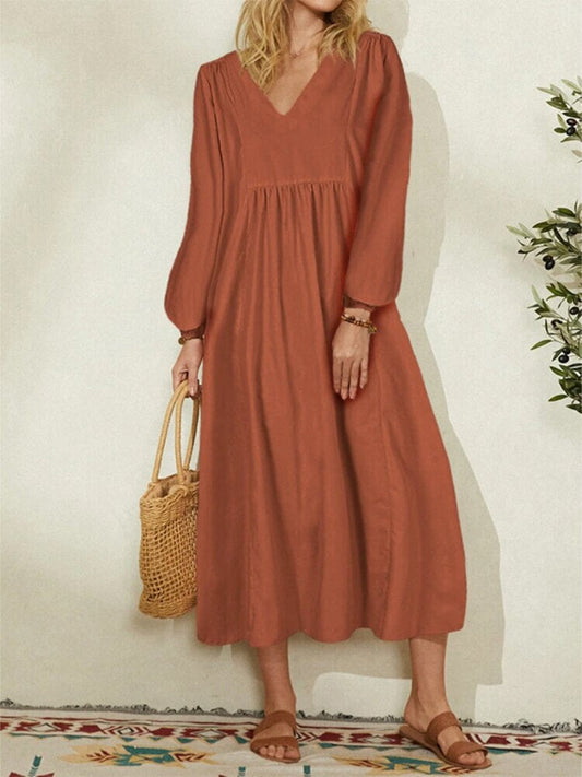 Women's Maxi Dress - V-Neck - Long Puff Sleeves - Flowy Elegant Silhouette