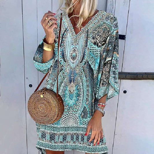 Women’s Kaftan Dress - Bohemian Loose Fit - V-Neck Flowy Wide Sleeve Elegant Style