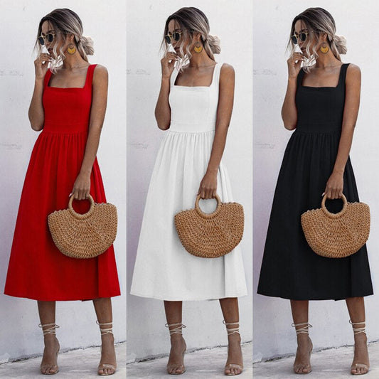 Women's Midi Dress - Sleeveless A-Line - Square Neck - Fitted Waist Elegant Style
