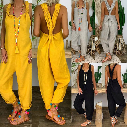 Women's Jumpsuit - Relaxed Fit - Lightweight & Breathable - Open Back Twisted Straps