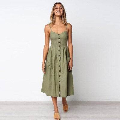 Women's Sundress - Button-Down Midi - Spaghetti Straps - A-Line with Pockets