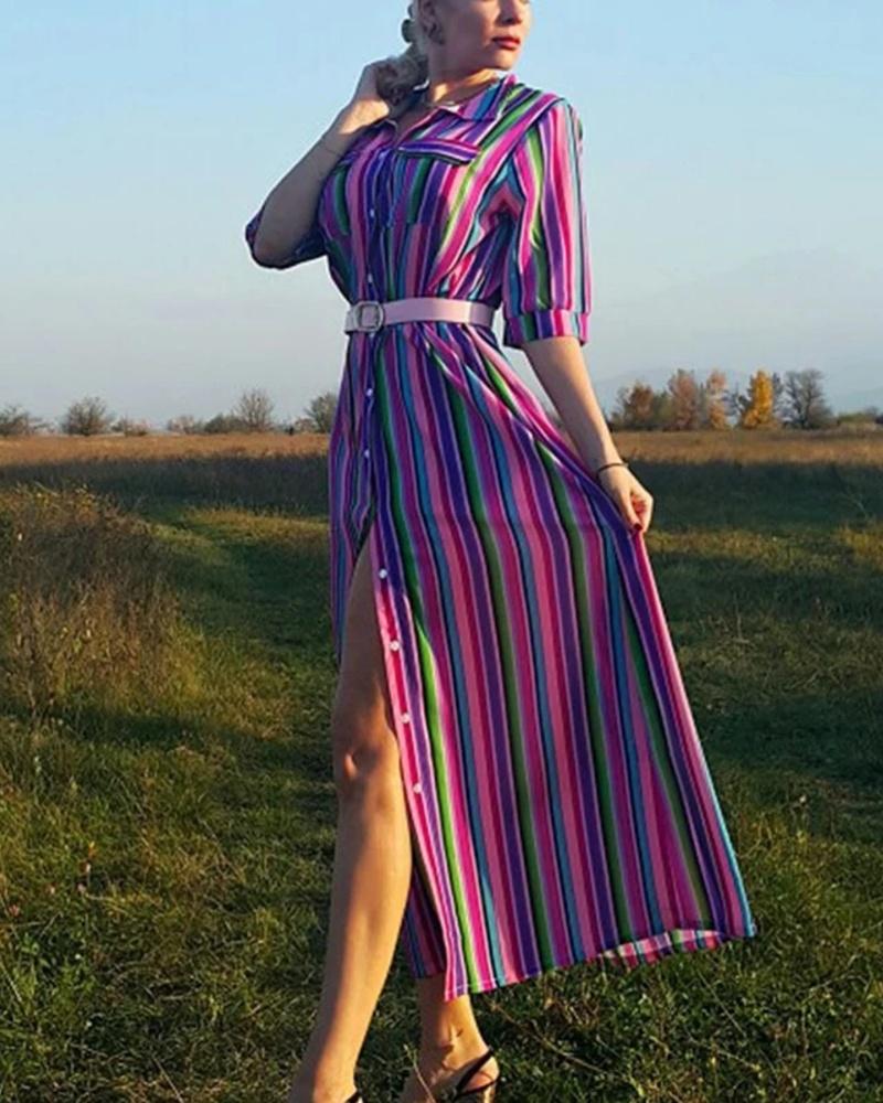 Women's Shirt Dress - Button Down - Short Sleeve - Relaxed Fit - Midi Length