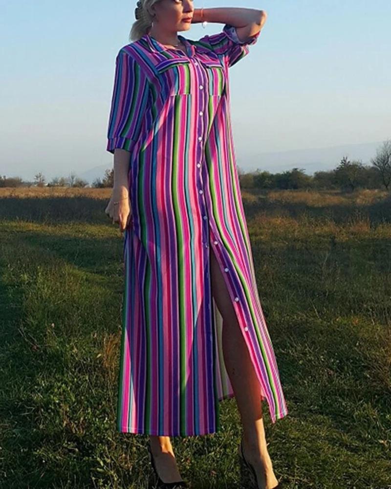 Women's Shirt Dress - Button Down - Short Sleeve - Relaxed Fit - Midi Length