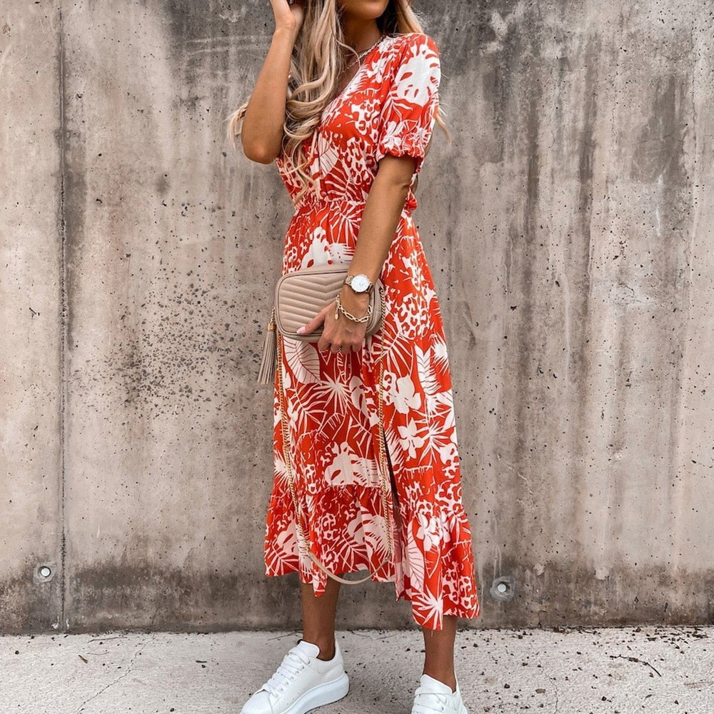 Women's Midi Wrap Dress - Floral Print - Short Sleeve - V-Neck, Waist-Tie Elegant Fit