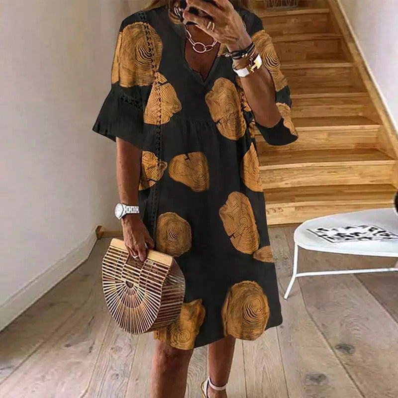Women's V-Neck Dress - Loose Fit - Elbow Sleeve - Abstract Pattern - Lace Detail