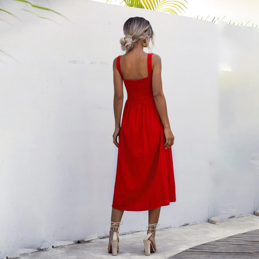 Women's Midi Dress - Sleeveless A-Line - Square Neck - Fitted Waist Elegant Style