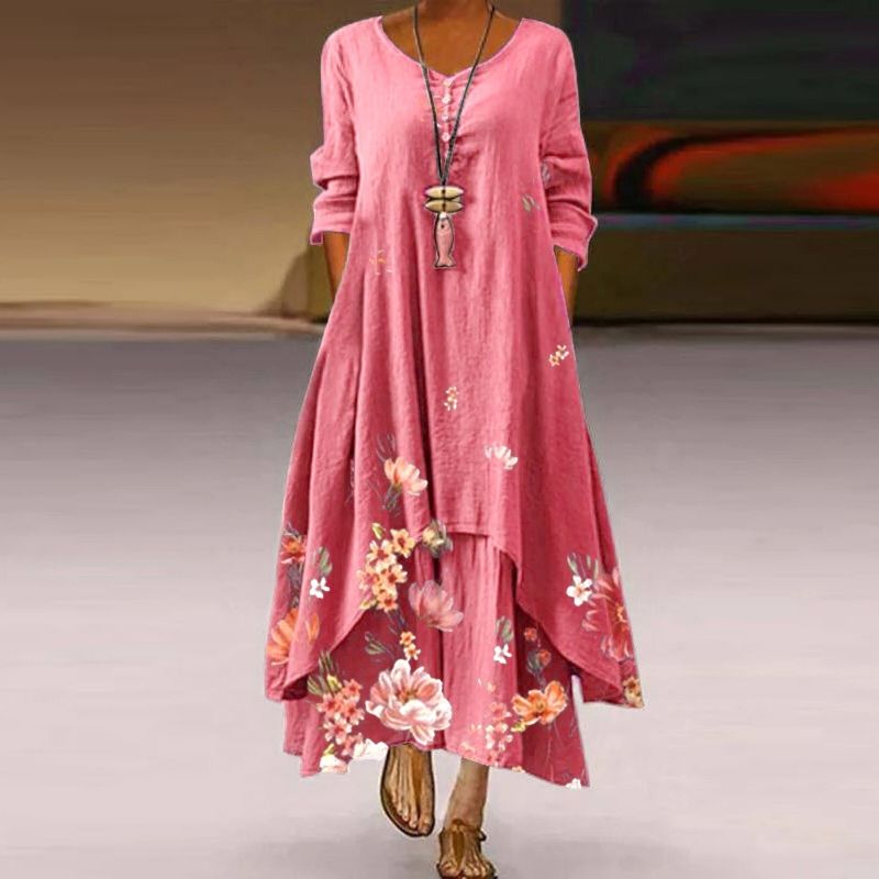 Women's Maxi Dress - Floral Print - Long Sleeve - Flowy A-Line Elegant Fit