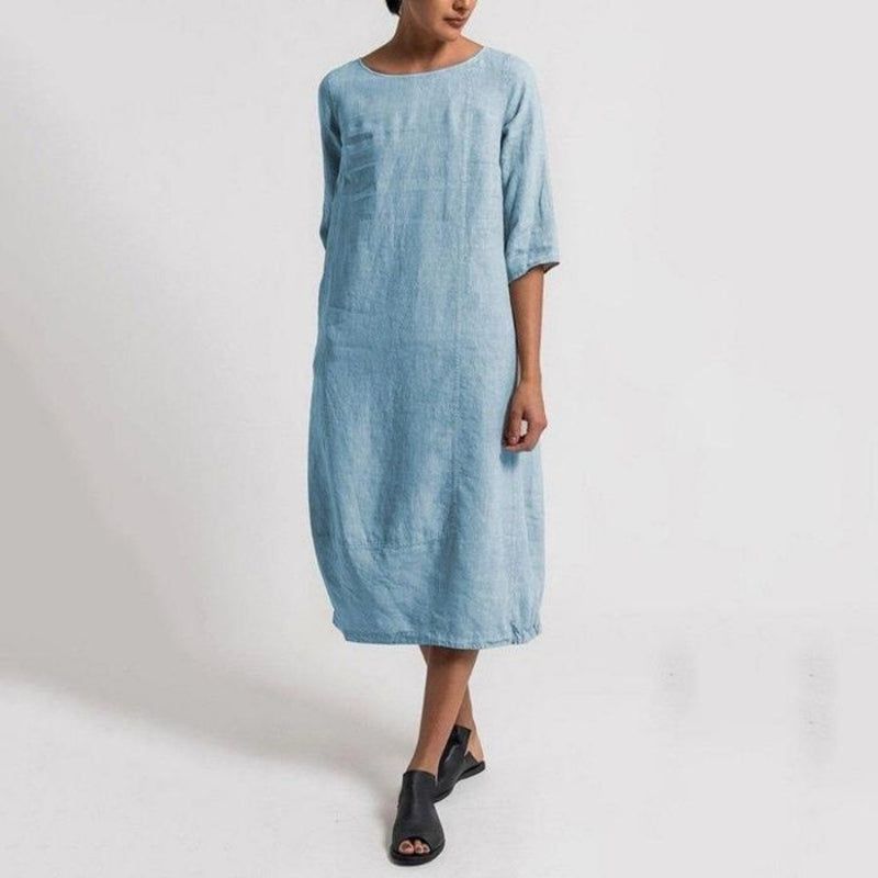 Women's Midi Dress - Linen Blend - 3/4 Sleeve Loose Fit - Breathable Casual Wear