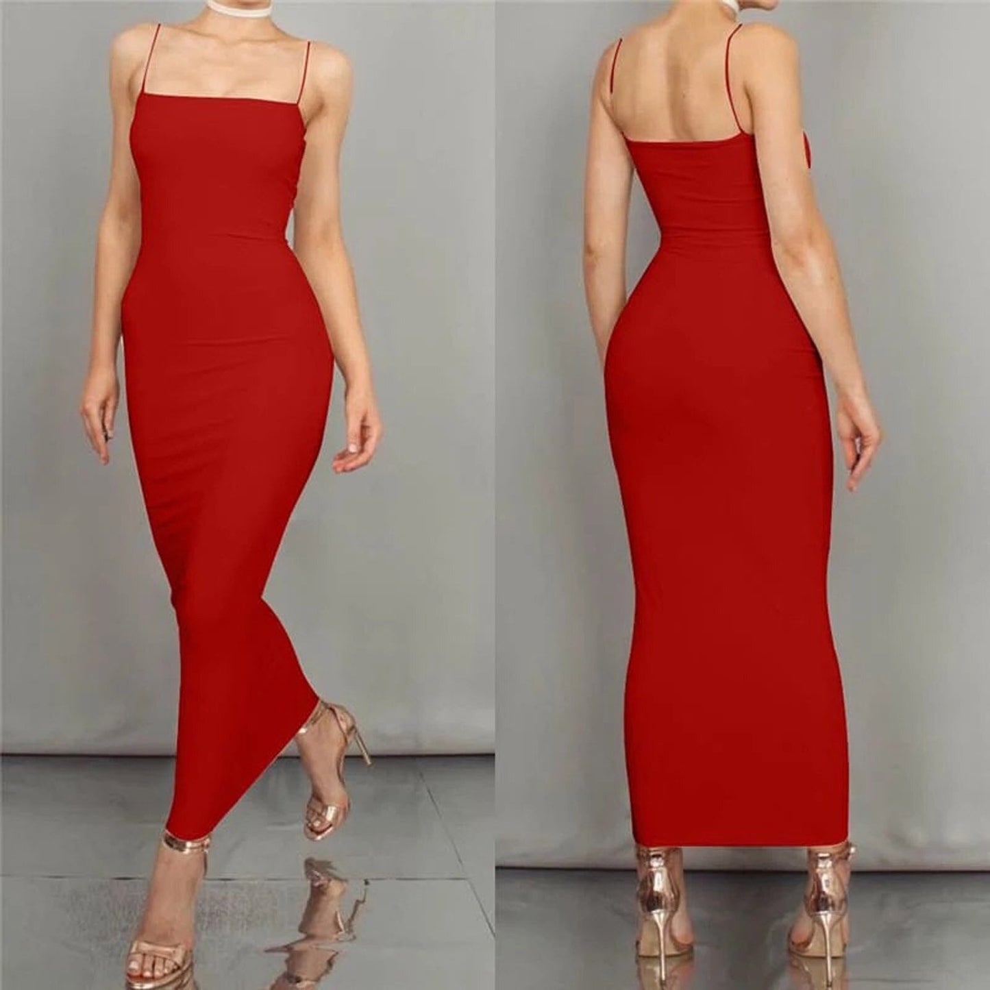 Women's Bodycon Dress - Spaghetti Straps - Midi Length - Stretch Fit Elegant Wear