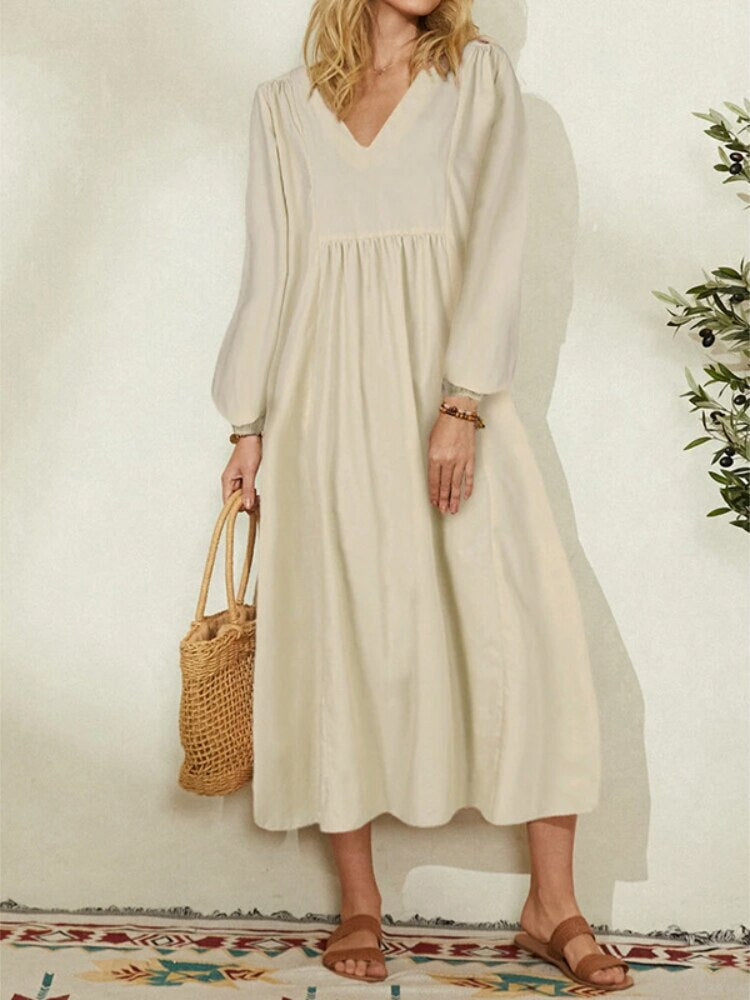 Women's Maxi Dress - V-Neck - Long Puff Sleeves - Flowy Elegant Silhouette