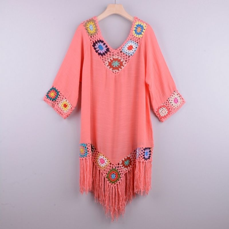 Women's Boho Beach Cover-Up - Lightweight Crochet Tunic - V-Neck, 3/4 Sleeve, Fringe Hem