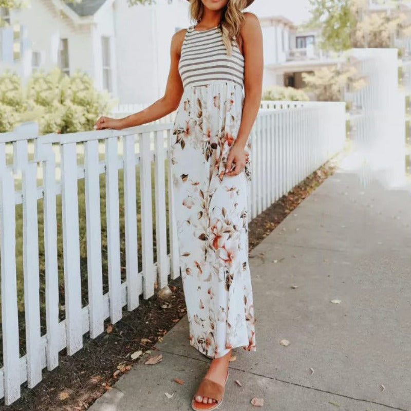 Women's Maxi Dress - Sleeveless Striped Bodice - Floral Flowy Skirt - With Pockets