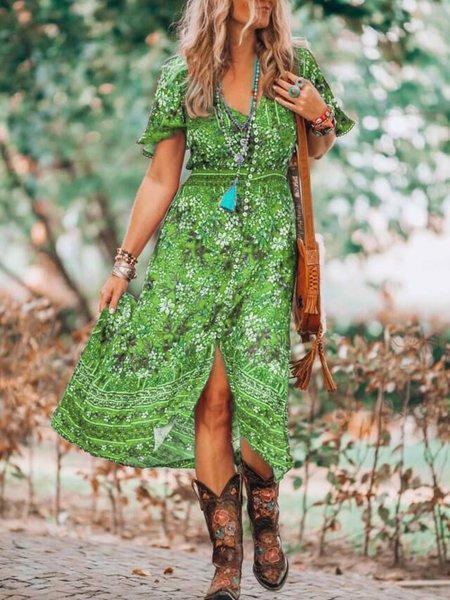 Women's Maxi Dress - Bohemian Print - V-Neck - Short Flutter Sleeves - Flowy Fit