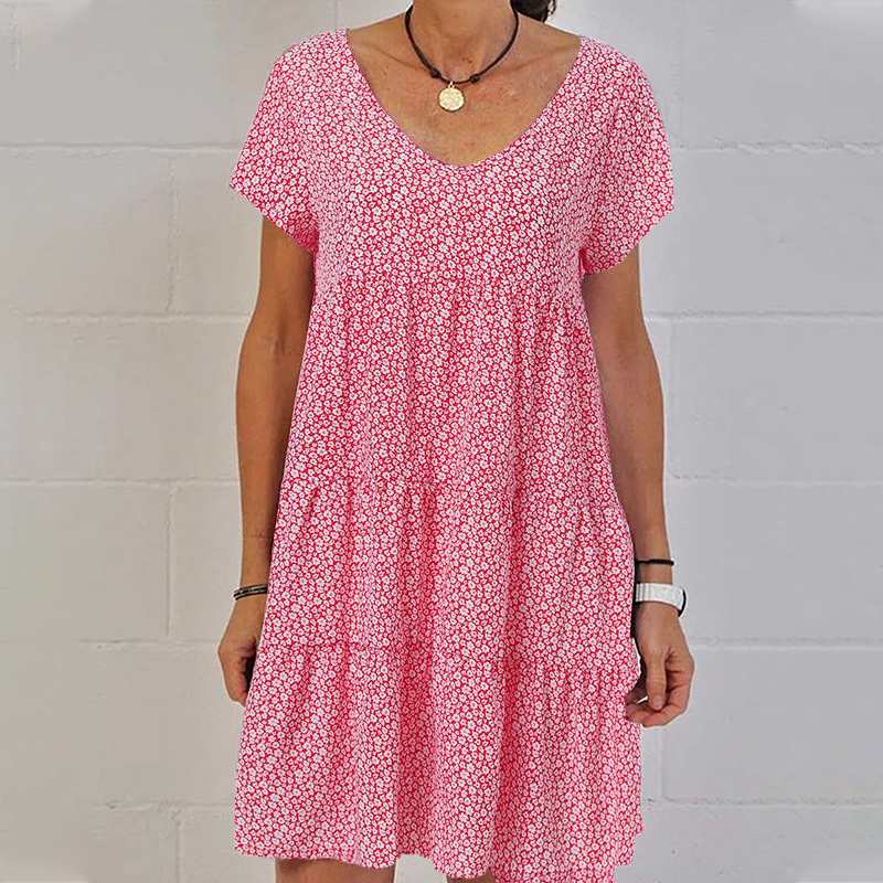 Women's Casual Dress - A-Line Fit - Short Sleeve V-Neck - Lightweight & Breathable