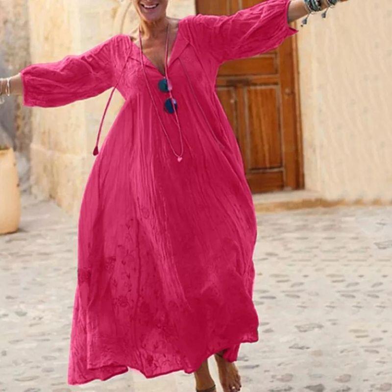 Women's Maxi Dress - Loose Flowing Fit - V-Neck Long Sleeve Boho Style