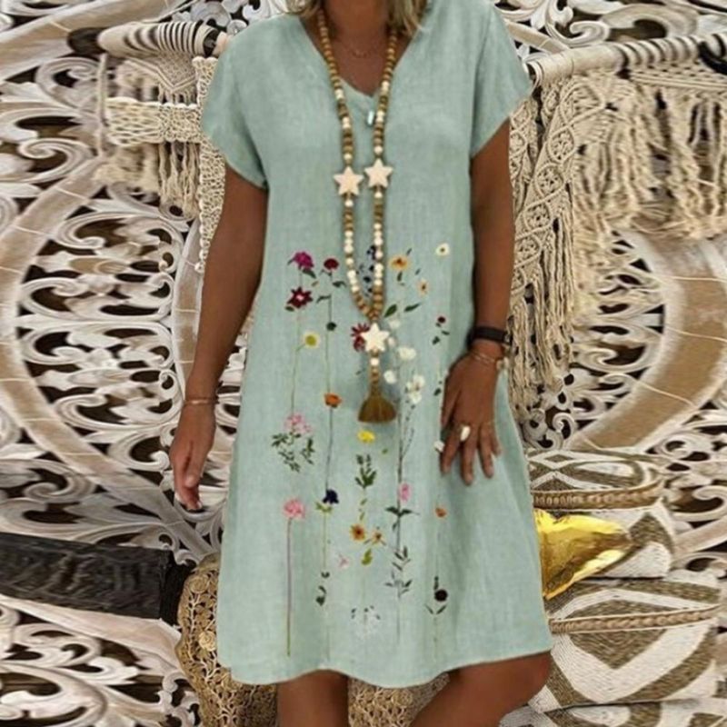 Women's Casual Dress - Loose Fit V-Neck - Short Sleeve Lightweight Embroidered Style