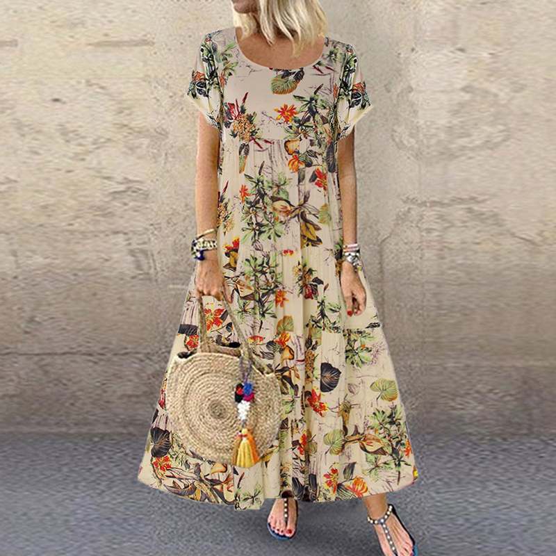 Women's Maxi Dress - Floral Print - Short Sleeve - Round Neck - A-Line Flowy Fit