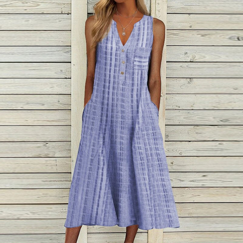 Women's Sleeveless Midi Dress - V-Neck Button Front - Flowy Fit with Pockets